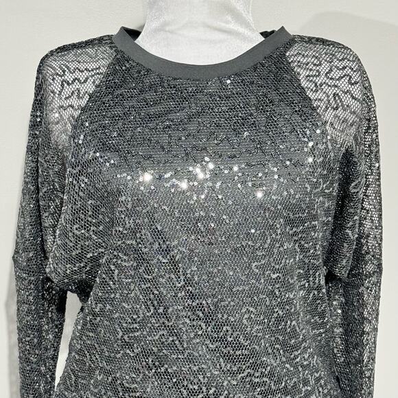 DKNY NWT Sequin Mesh Overlay Crewneck Top Gunmetal Grey Small Dolman Sleeves - Picture 2 of 16
